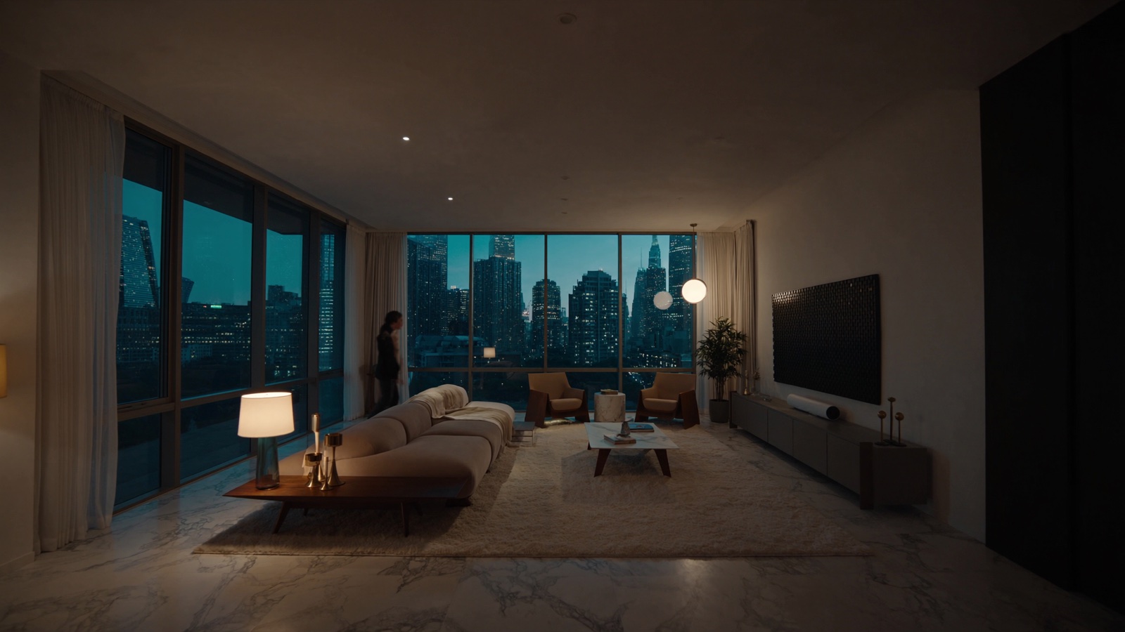 Living de uma cobertura com vista para a cidade